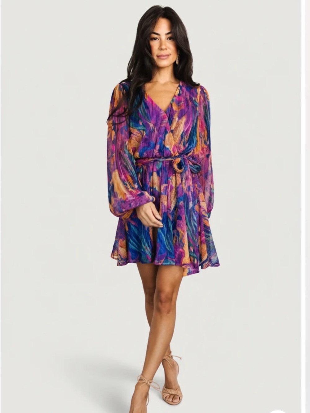 Baltic Born Rev Multicolor Pleated Faux Wrap Mini Dress Purple, Blue & Orange Sm